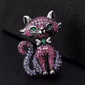 Crystal Cat Rhinestone Brooch - Pink & Purple